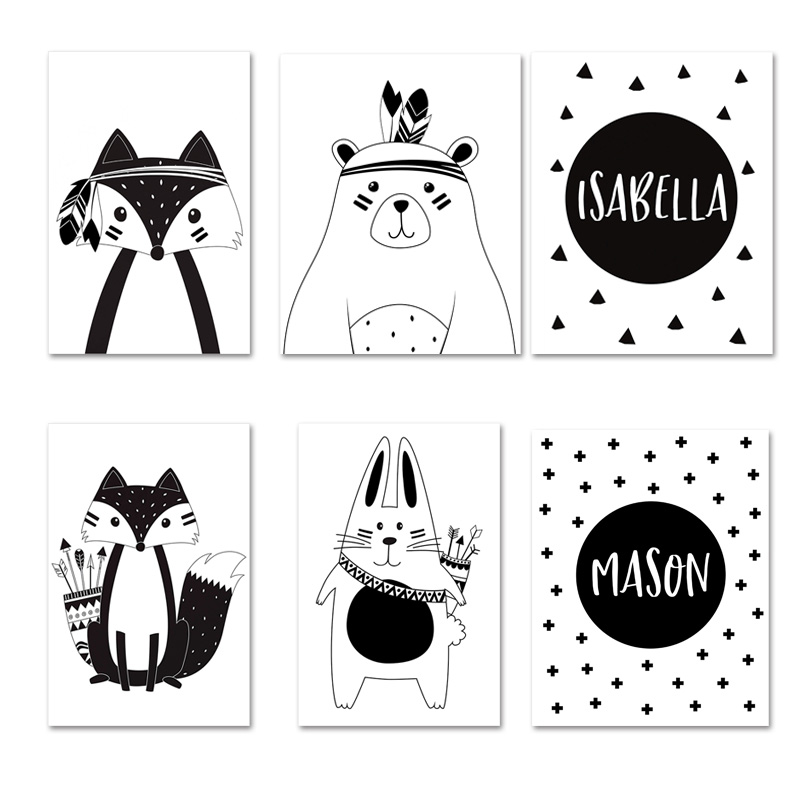 Baby Name Wall Art - 흑백 만화 곰 토끼 아기 보육