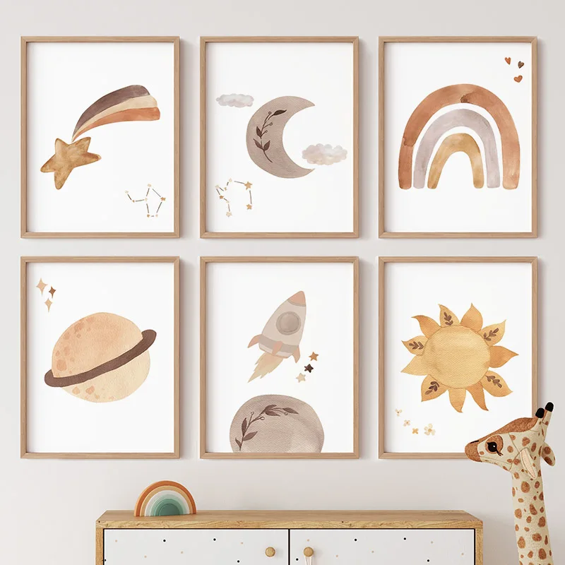 Baby Nursery Murals - 수채화 무지개 태양 달 로켓 행성