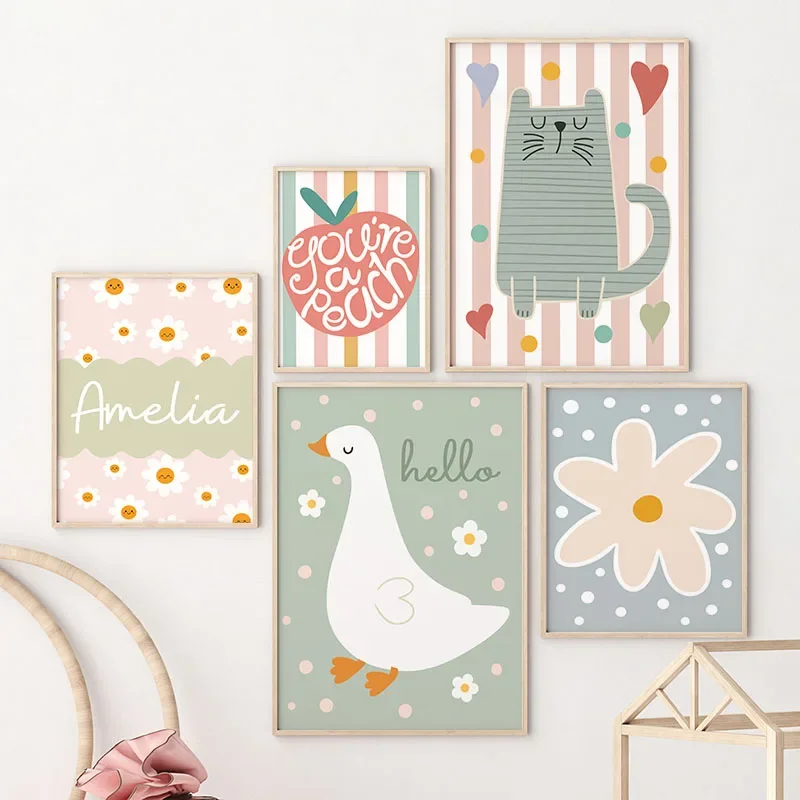Baby Name Wall Art - 만화 고양이 오리 새 사과 맞춤
