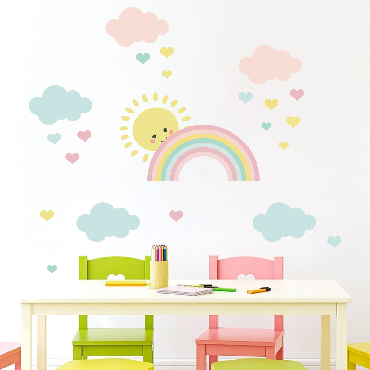 Baby Nursery Murals - 만화 태양 무지개 구름 벽 데칼