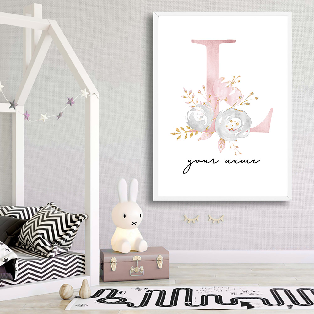 Baby Name Wall Art - 여아용 맞춤형 꽃 벽 아트 캔버스
