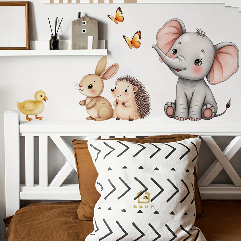 Wall Decal Nursery - 만화 동물 벽 스티커-코끼리 토끼 고슴도치