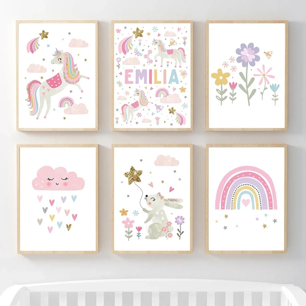 Baby Name Wall Art - 핑크 유니콘 토끼 무지개 구름 꽃