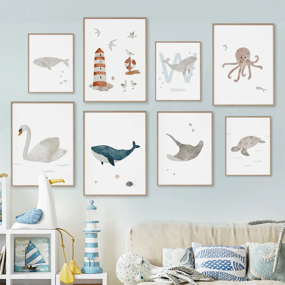 Baby Name Wall Art - 사용자 정의 이름 고래 문어 거북이