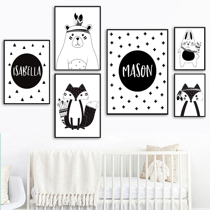 흑백 만화 곰 토끼 아기 보육 벽 예술 캔버스 포스터  - Baby Name Wall Art 리뷰 및 가격