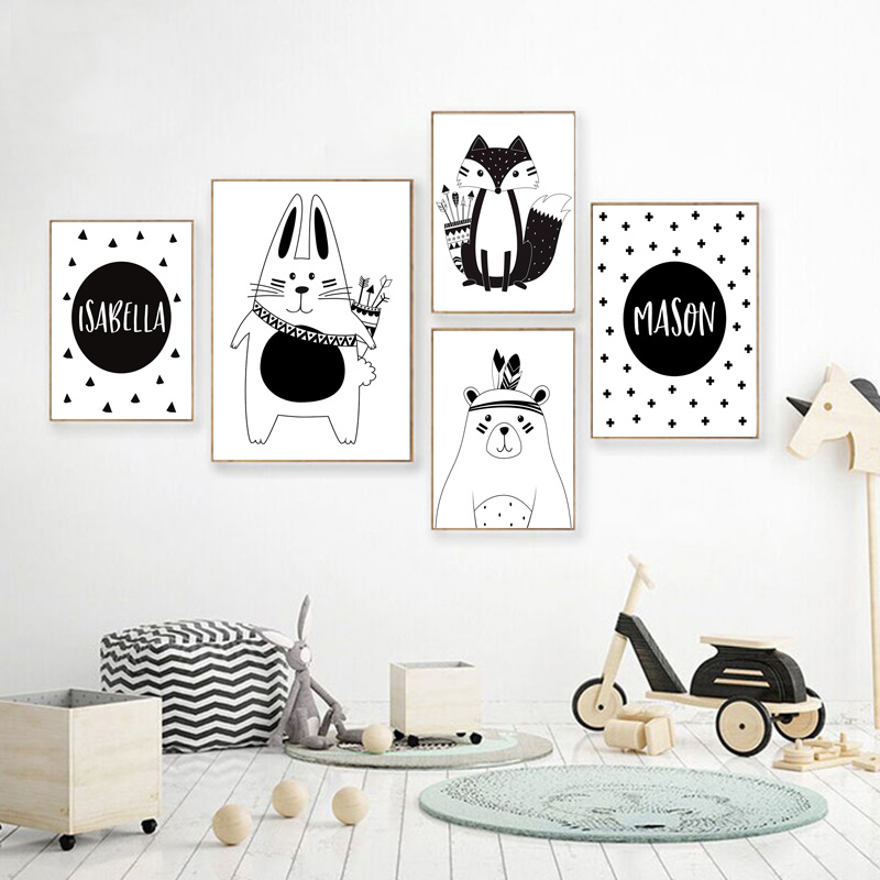 흑백 만화 곰 토끼 아기 보육 벽 예술 캔버스 포스터  - Baby Name Wall Art 리뷰 및 가격