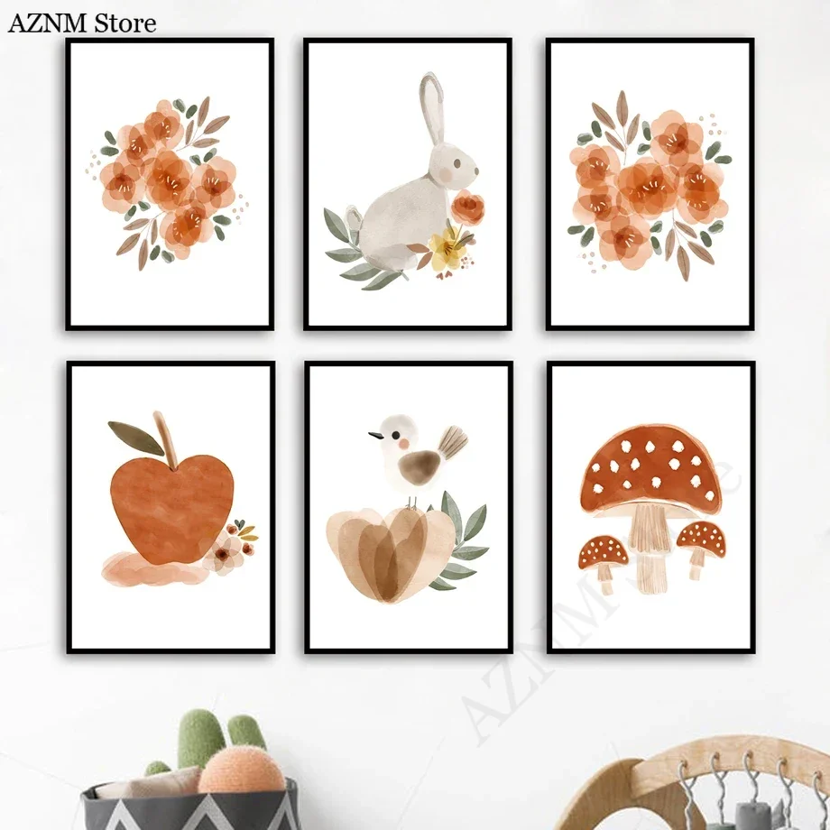 수채화 꽃 토끼 새 사과 버섯 보육원 벽 예술 벽화 인 - Baby Nursery Murals 리뷰 및 가격