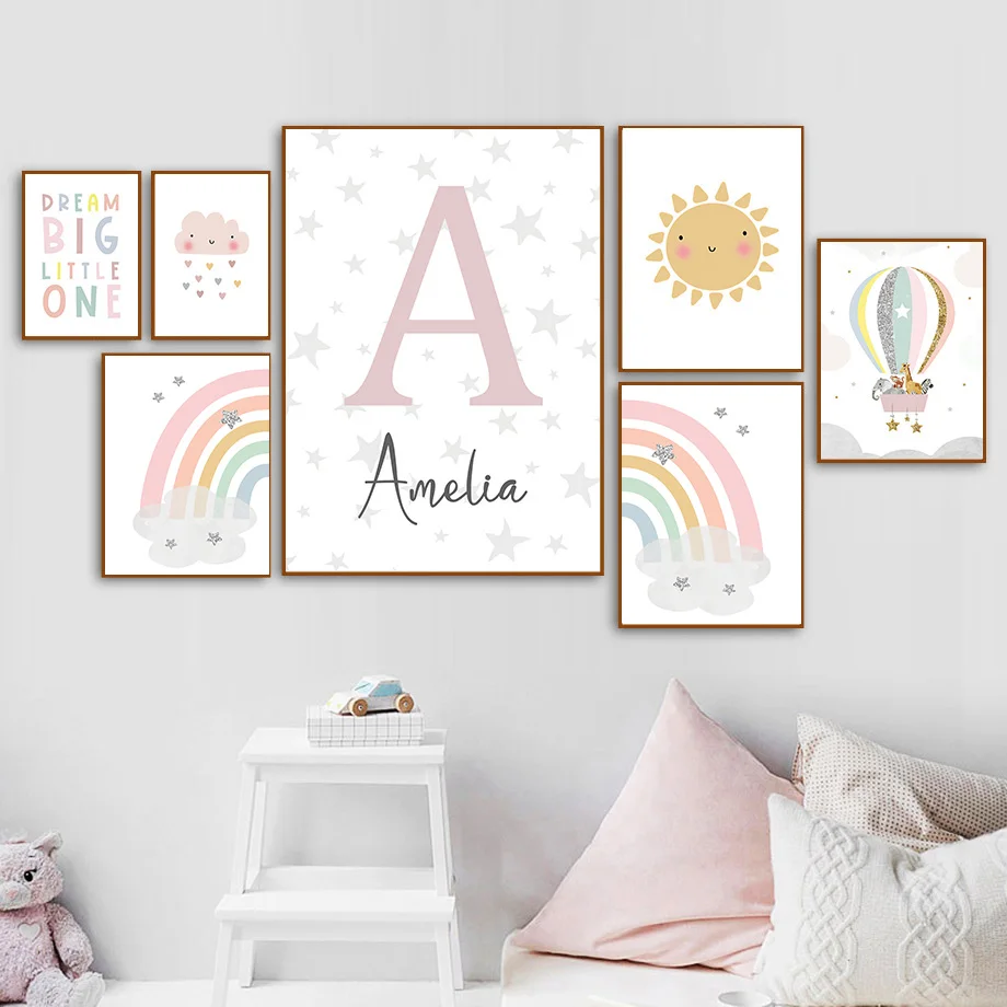 기린 코끼리 열기구 태양 무지개 보육원 북유럽 포스터  - Baby Name Wall Art 리뷰 및 가격