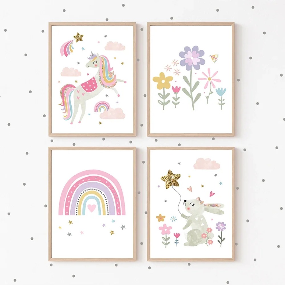 핑크 유니콘 토끼 무지개 구름 꽃 보육원 벽 예술 캔버 - Baby Name Wall Art 리뷰 및 가격